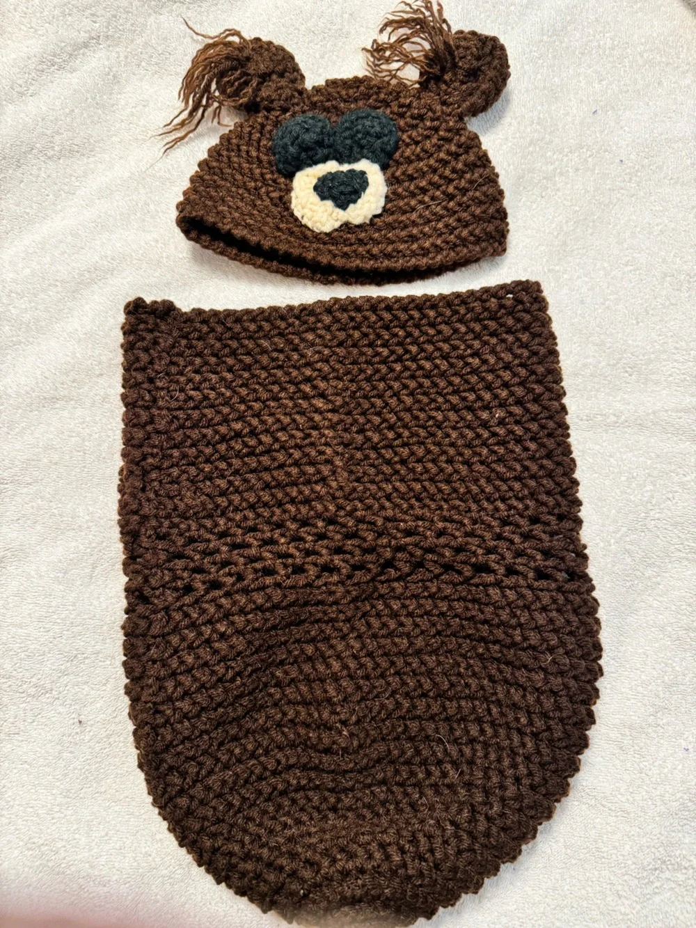 Handmade Brown Bear Crochet Hat and Swaddle Set for infants